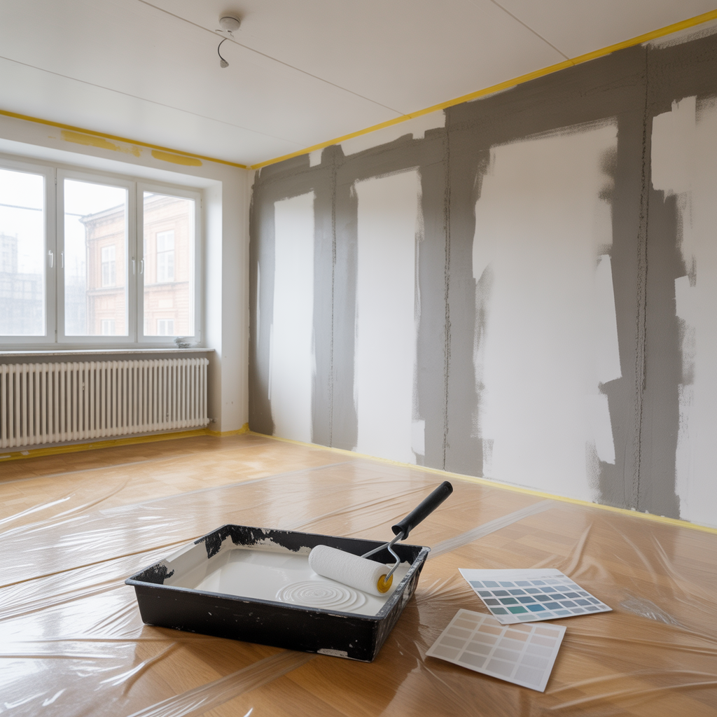 mala betongvagg inomhus forarbete primer och fargval